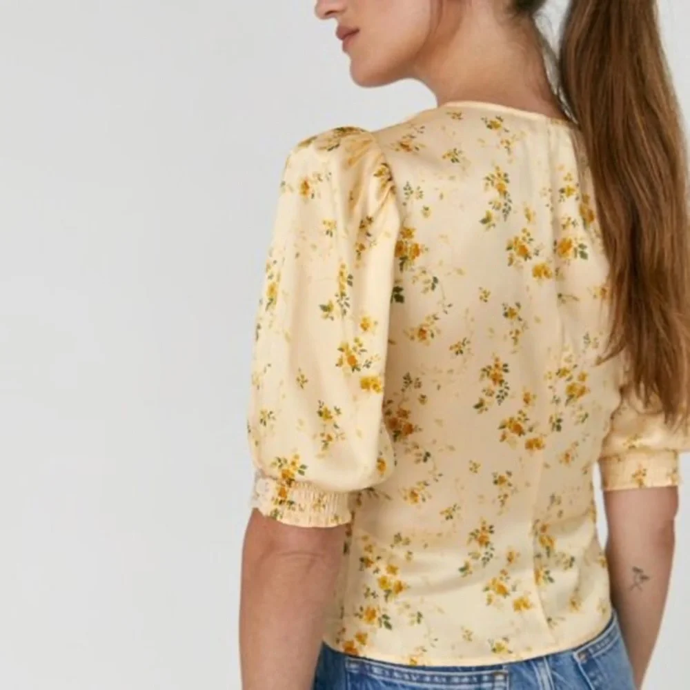 Reformation Yellow Floral Lace-Trim Puff Sleeve Top